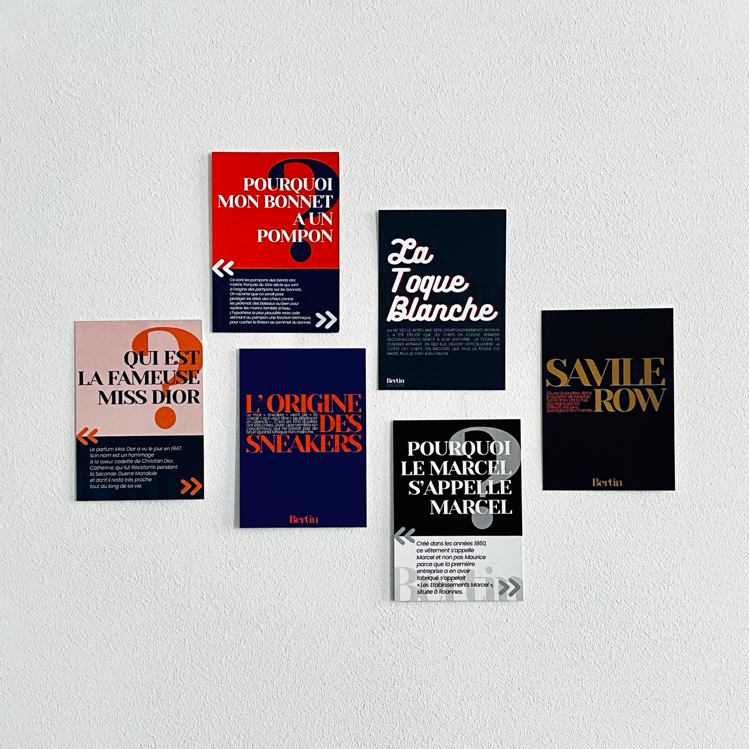 ensemble de six cartes postales sur les anecdotes de la mode